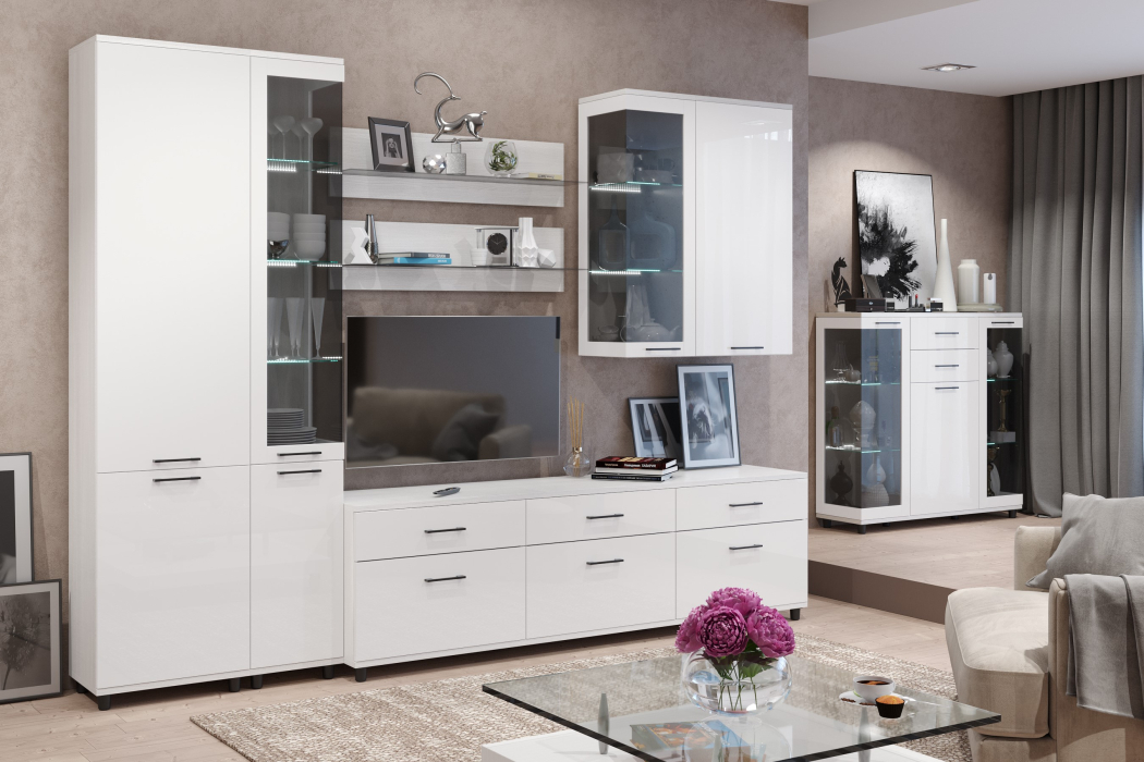 Стенки для гостиной, Модульная гостиная Грейс композиция 5  Снежный Ясень