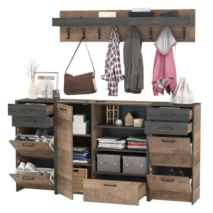 Прихожие, Две вешалки для одежды с полкой с двумя тумбами для обуви и комодом-тумбой с дверкой Трувор