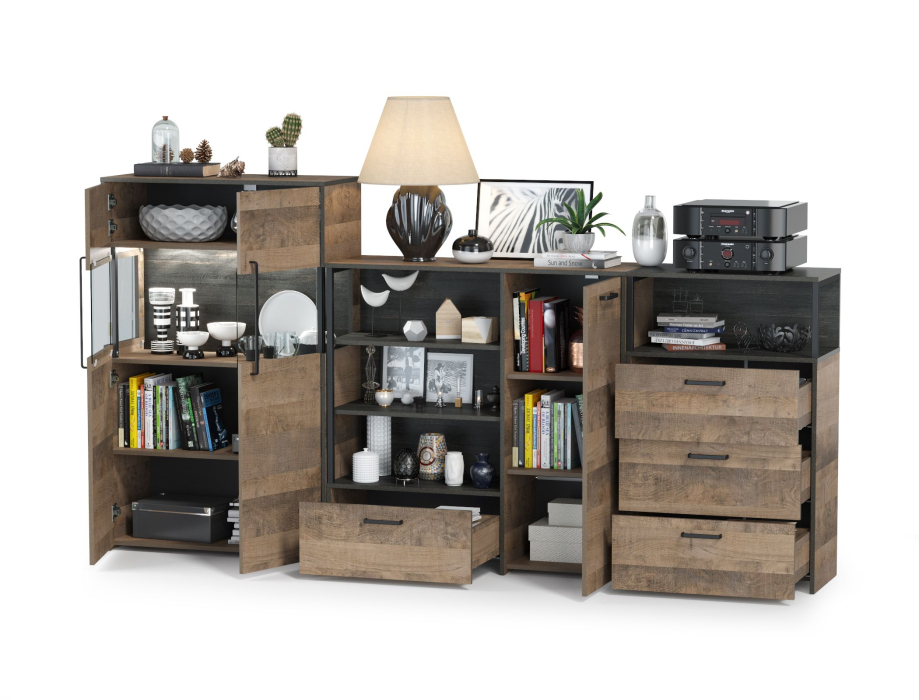 Стенки для гостиной, Комод с ящиком Трувор и дверкой с комодом с витриной с подсветкой и комод с тремя ящиками