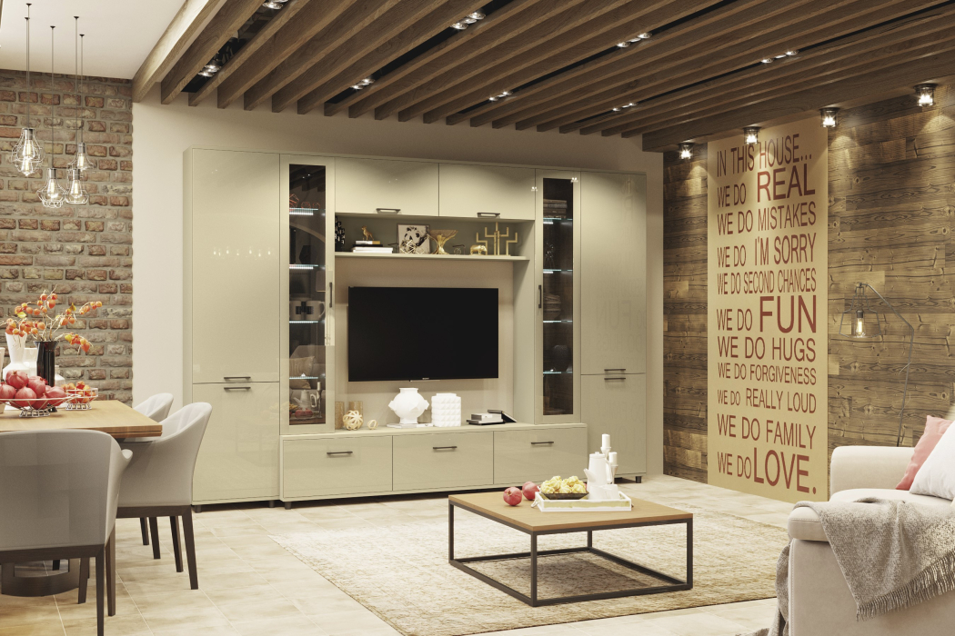 Стенки для гостиной, Модульная гостиная Грейс композиция 9  Серый Кашемир