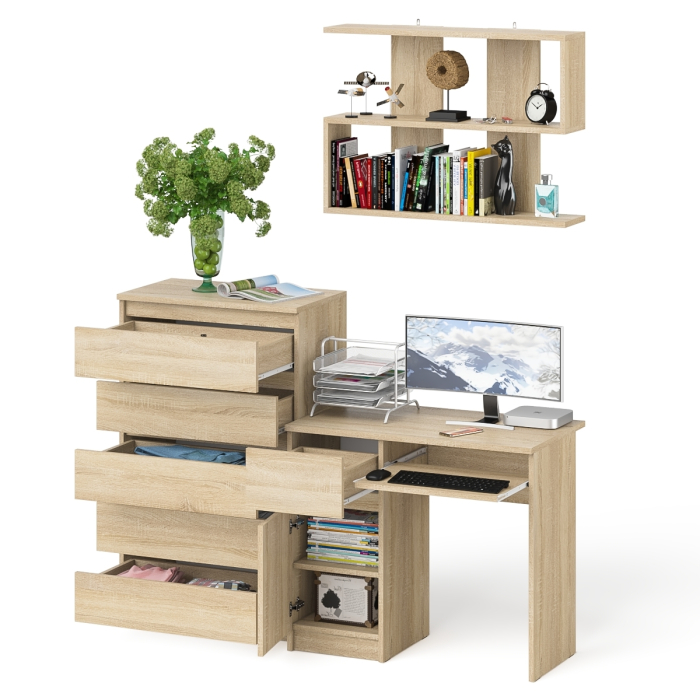 Прямые компьютерные столы, Стол компьютерный Мори с тумбой слева с высоким комодом МК700-5 и полкой 900