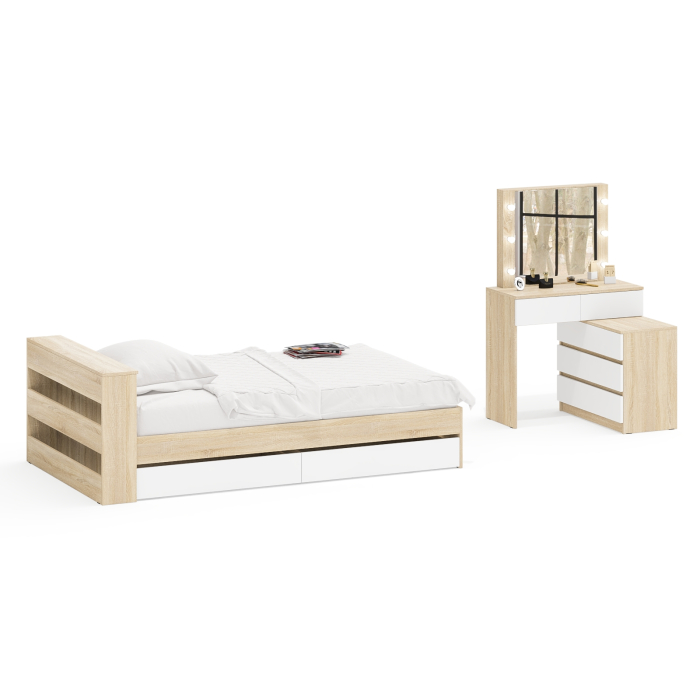 Спальные гарнитуры, Столик туалетный с лампочками 110 с полутораспальной кроватью с ящиками Ксения 1200