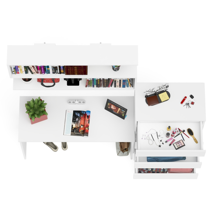 Прямые компьютерные столы, Комод высокий Мори пять выдвижных ящиков со столом для работы на 1200 и навесной полкой 1200