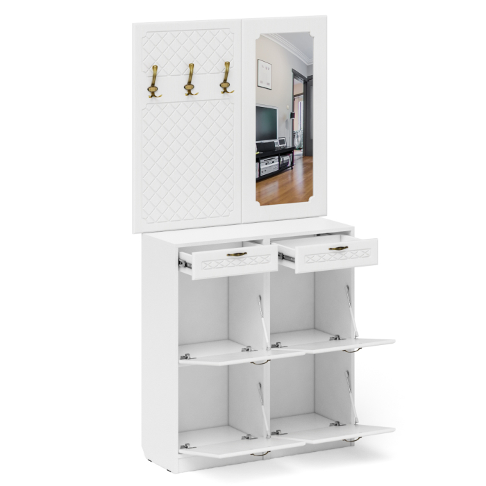 Прихожие, Две тумбы для обуви с ящиками с вешалкой и зеркалом П-6 № 05 МДФ фрезеровка ромб