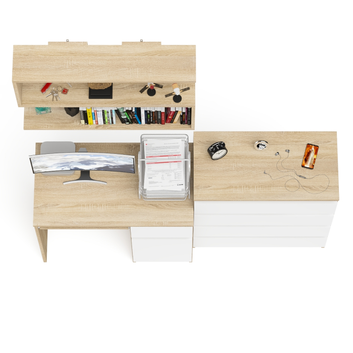 Прямые компьютерные столы, Комод Мори четыре ящика на 800 с компьютерным однотумбовым столом МС-1 правый и навесной полкой