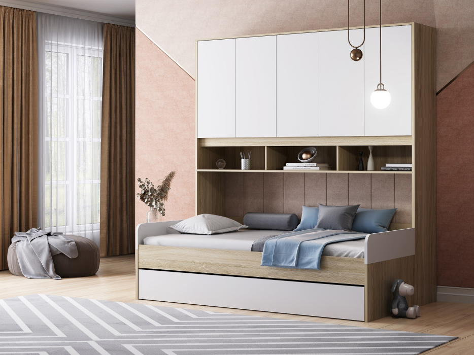 Кровати одноярусные, Кровать с антресолью ДЕЛЬТА Next 21.05 (Ясень шимо светлый)