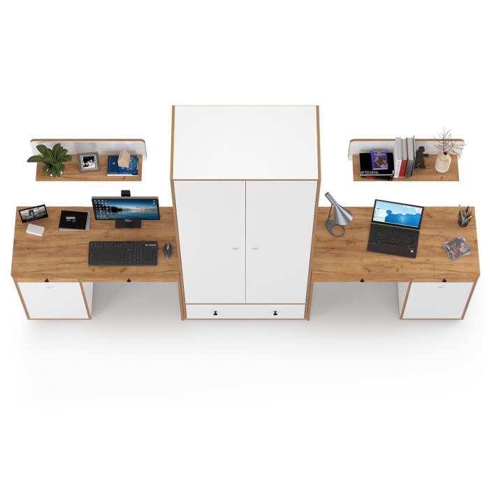 Офисная мебель, Два стола для учёбы, шкаф и две открытых полки Вуди