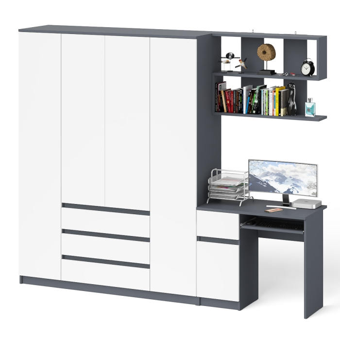 Домашние кабинеты, Четырёх-дверный шкаф-комод Мори МШ1600.1 с компьютерным столом МС-1 тумба слева и верхней полкой