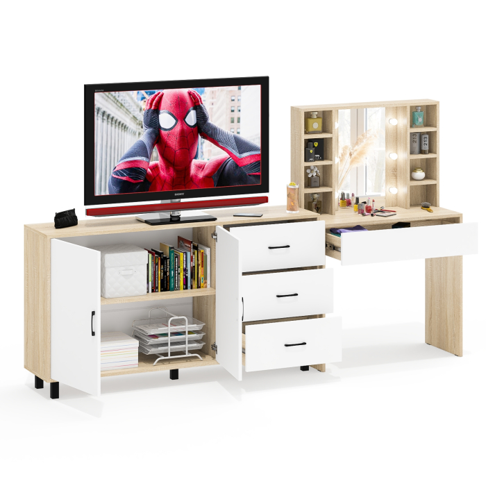 С зеркалом, Косметический cтол с подсветкой и ящиком 115 и комод 123-1604