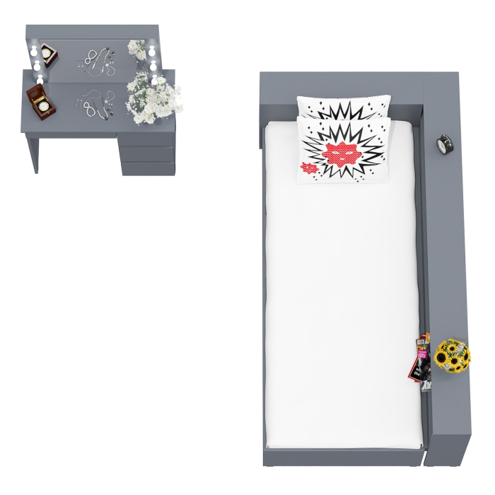 Спальные гарнитуры, Кровать с ящиками с прикроватным блоком для вещей Ксения 900 и столик косметический с подсветкой Сура