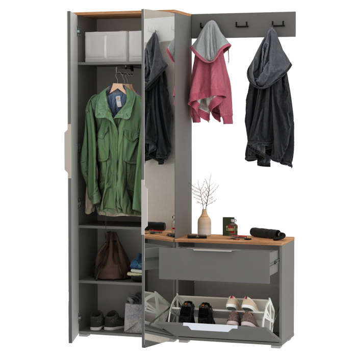 Прихожие, Шкаф две двери с зеркалами с обувницой и вешалкой для одежды Октава