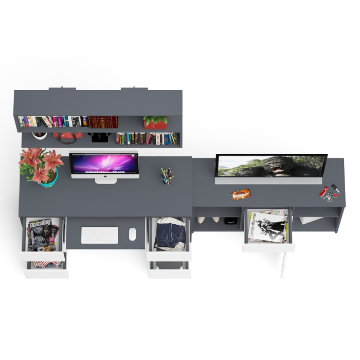 Домашние кабинеты, Стол письменный двухтумбовый Мори МС-2 с навесной открытой полкой и тумбой под ТВ