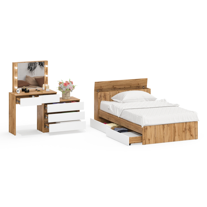 Спальные гарнитуры, Столик туалетный с лампочками 110 с полутораспальной кроватью с ящиками Ксения 1200