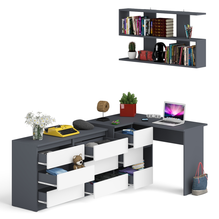 Домашние кабинеты, Стол компьютерный угловой МС-16 левый Мори с полкой для книг и широким комодом