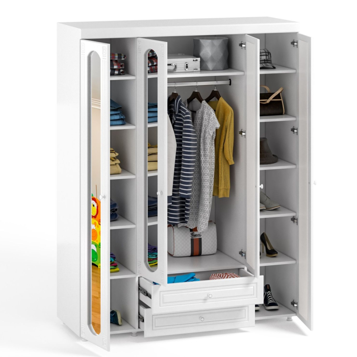 Шкафы распашные, Афина АФ-64 Шкаф 4х дверный с 4 зеркальными дверьми и  ящиками(560)