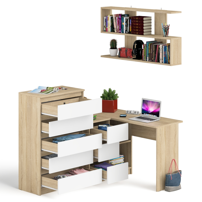 Домашние кабинеты, Угловой компьютерный стол Мори МС-16 левый с навесной полкой и высоким комодом на 5-ть ящиков