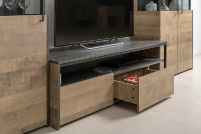 Тумба под ТВ и шкаф-пенал-витрина с подсветкой Трувор