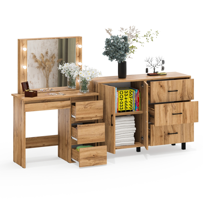 С зеркалом, Комод-тумба 123-1204 и столик косметический с подсветкой и зеркалом Сура