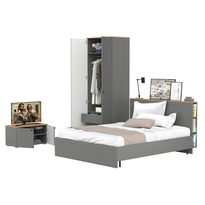 Спальные гарнитуры, Кровать с ортопедическим основанием Остин и шкаф-комод для одежды с тумбой с дверками