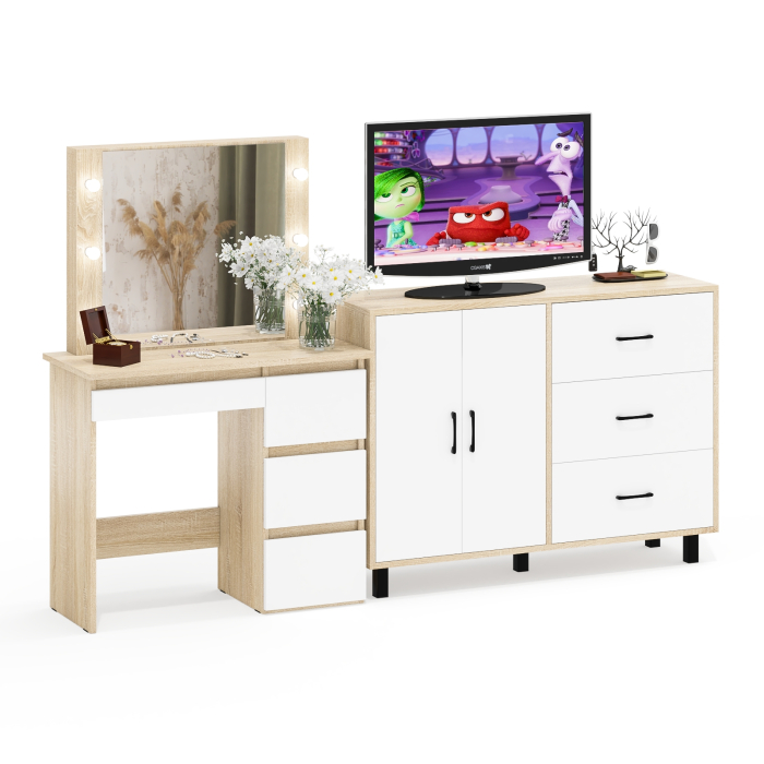 С зеркалом, Комод-тумба 123-1204 и столик косметический с подсветкой и зеркалом Сура