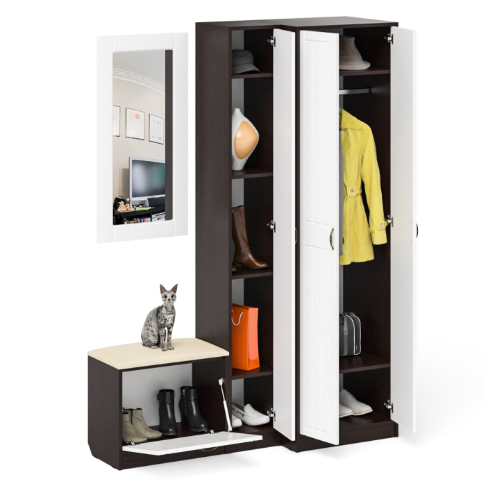 Прихожие, Тумба для обуви с сидением с зеркалом и пенал со шкафом П-6 № 26 МДФ фрезеровка прованс