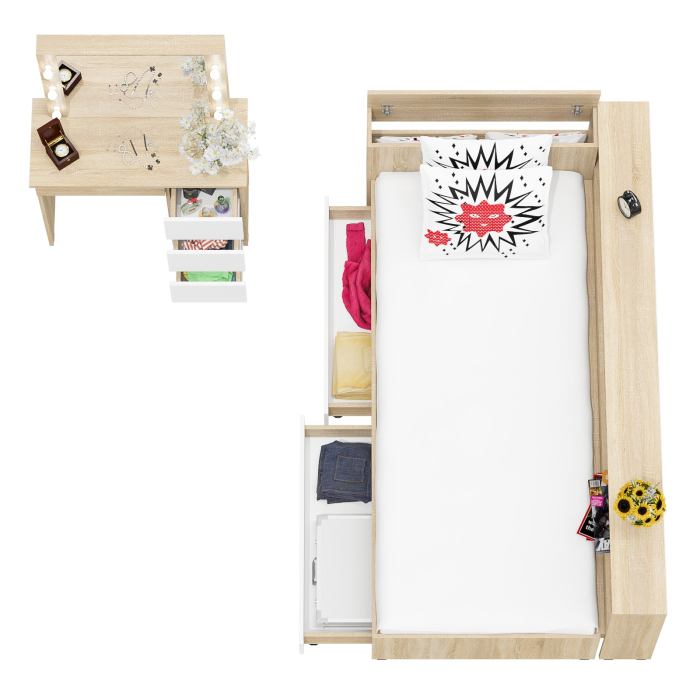 Спальные гарнитуры, Кровать с ящиками с прикроватным блоком для вещей Ксения 900 и столик косметический с подсветкой Сура