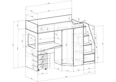 Кровать-чердак с угловым шкафом и столешницей Ridgimmi 11.1