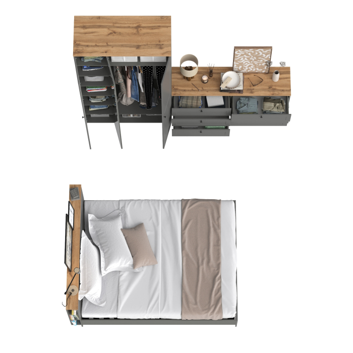 Спальные гарнитуры, Шкаф для одежды трёхдверный с зеркалом Остин с кроватью с основанием и комода на 6-ть ящиков