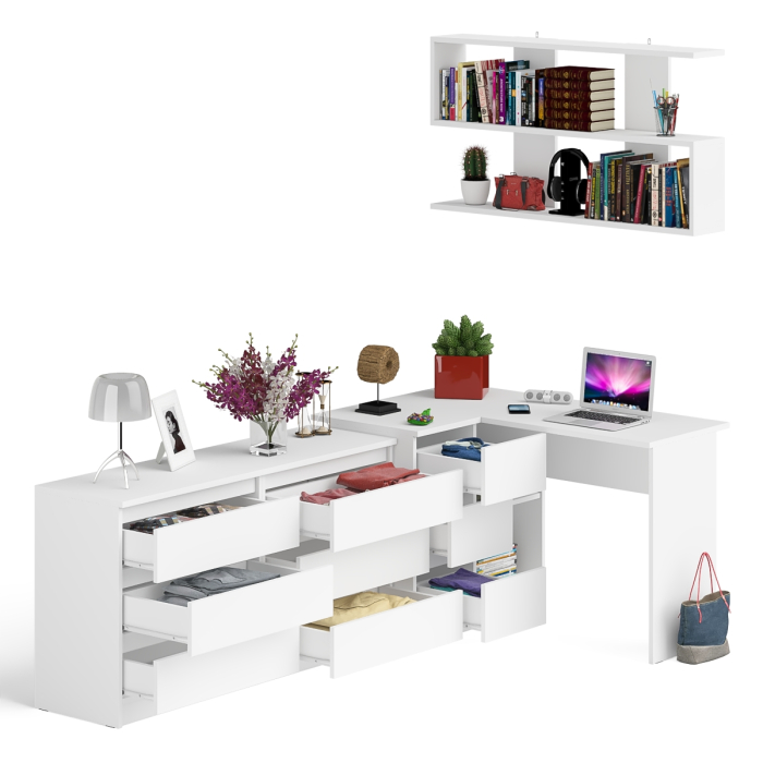 Домашние кабинеты, Стол угловой компьютерный Мори МС-16 левый с навесной книжной полкой и комодом МК1380.6