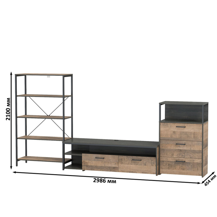 Стенки для гостиной, ТВ-тумба Трувор с открытым стеллажом и комодом с ящиками