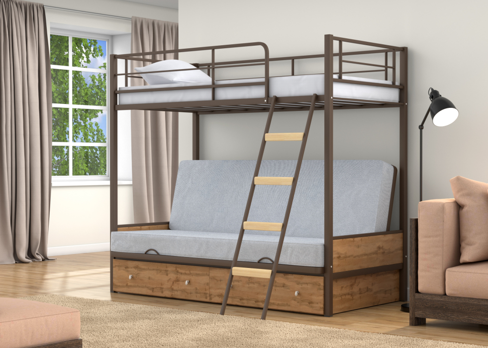 Для подростков, Двухъярусная кровать-диван Дакар 2 ящики Дуб крафт табак