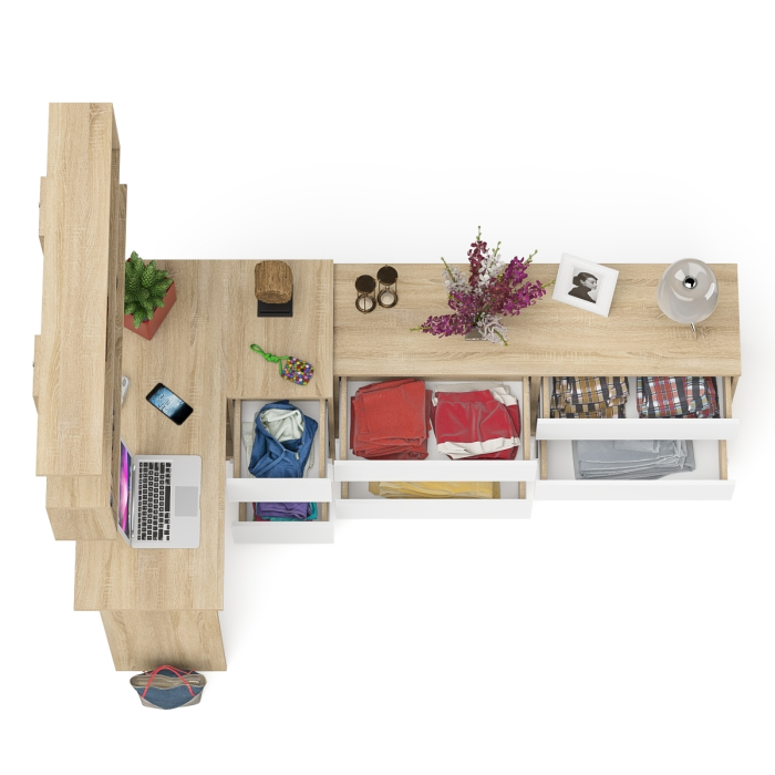 Домашние кабинеты, Комод широкий 6-ть ящиков Мори МК1380.6 с угловым компьютерным столом МС-16 правым и открытой книжной полкой