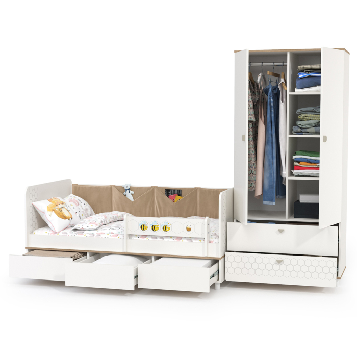 Детские комнаты, Детская кровать с ящиками и шкафом для детской одежды Эйп