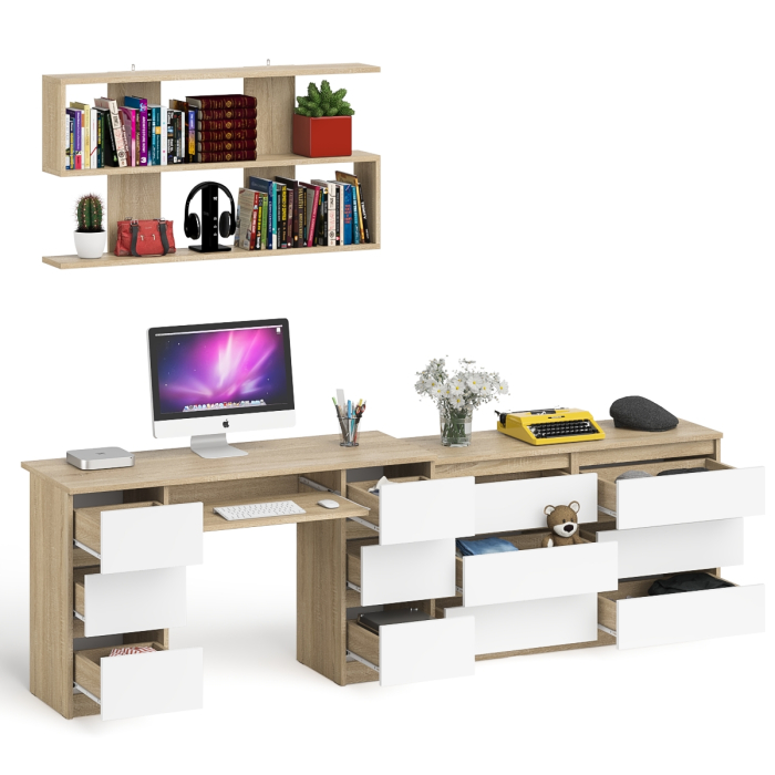 Домашние кабинеты, Широкий комод Мори на шесть ящиков с двутумбовым столом МС-2 и открытой полкой