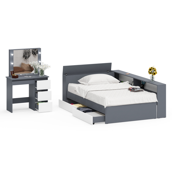 Спальные гарнитуры, Кровать с прикроватным блоком с ящиками Ксения 1200 и туалетный столик с подсветкой Сура