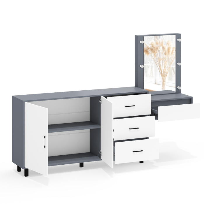 С зеркалом, Косметический навесной столик с подсветкой и комод с ящиками и дверками 123-1604