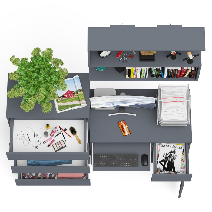 Домашние кабинеты, Стол компьютерный Мори МС-1 правый с высоким комодом на пять ящиков и навесной полкой