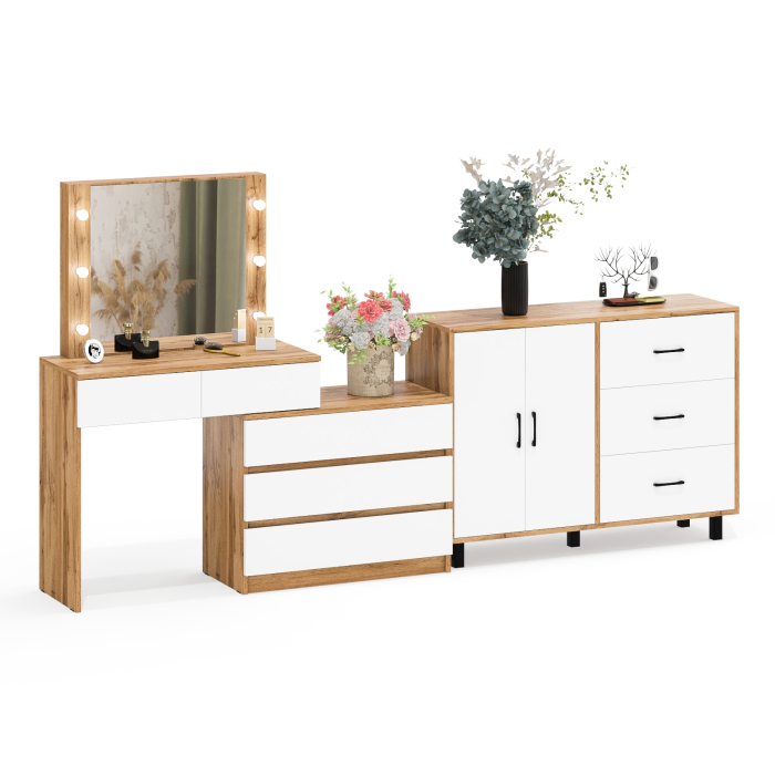 С зеркалом, Стол косметический с подсветкой 110 и тумба-комод с тремя ящиками и дверками 123-1204