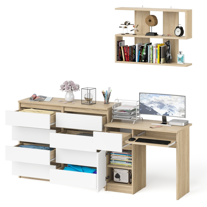 Прямые компьютерные столы, Комод на восемь ящиков МК1200.8 Мори с компьютерным столом МС-1 левый и верхней полкой 900