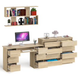 Полка Мори 1200 с письменным столом Мори МС-2 и комодом на восемь ящиков