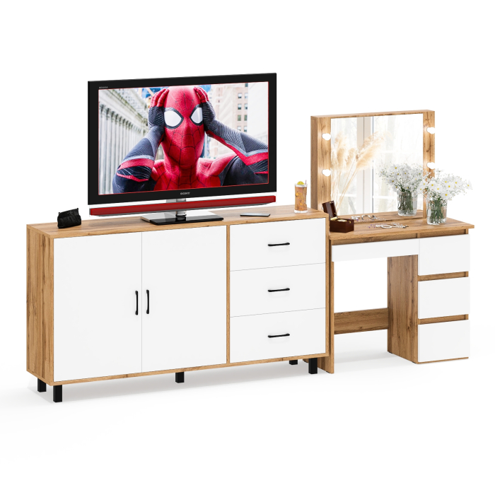 С зеркалом, Косметический столик Сура с зеркалом и подсветкой и с тумбой-комодом 123-1604