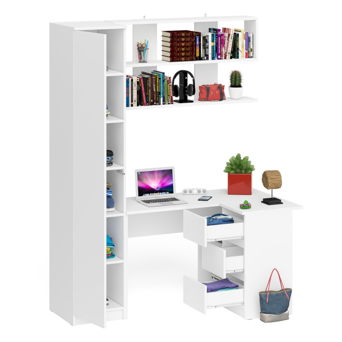 Домашние кабинеты, Стол угловой компьютерный Мори МС-16 правый с пеналом с полками и навесной открытой полкой 1200