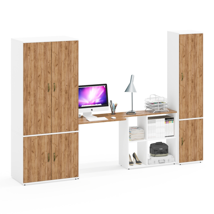 Домашние кабинеты, Шкаф для белья глубокий с пеналом с полками для бумаг и рабочий стол Лидер-8