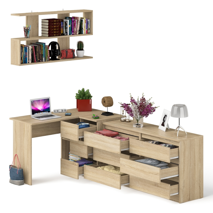 Домашние кабинеты, Комод широкий 6-ть ящиков Мори МК1380.6 с угловым компьютерным столом МС-16 правым и открытой книжной полкой