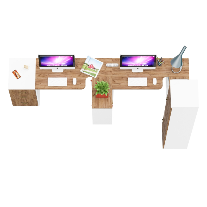 Домашние кабинеты, Узкий шкаф для белья и для хранения Лидер-8 с двумя рабочими столами и тумбой для бумаг