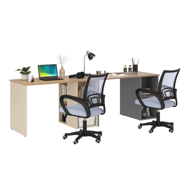 Прямые компьютерные столы, Набор для работы и учёбы из двух столов письменных Лайт 12.163 и двух серых кресел