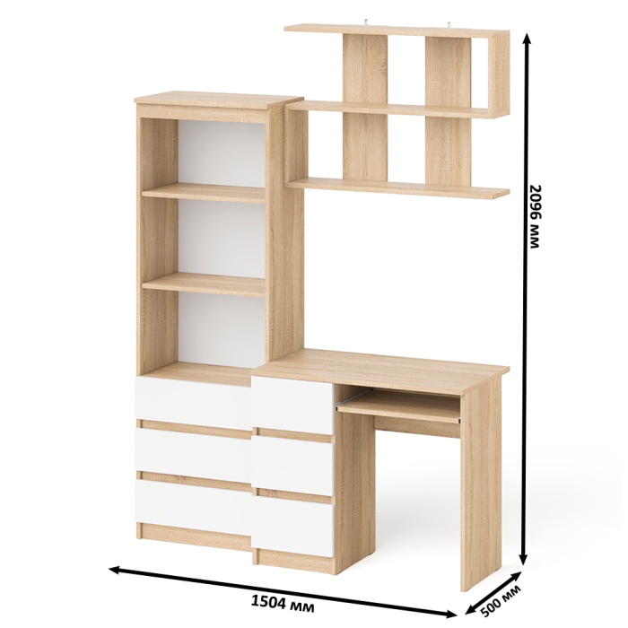 Прямые компьютерные столы, Стол для работы три ящика слева Мори с навесной полкой на 900 и стеллаж-комод три ящика