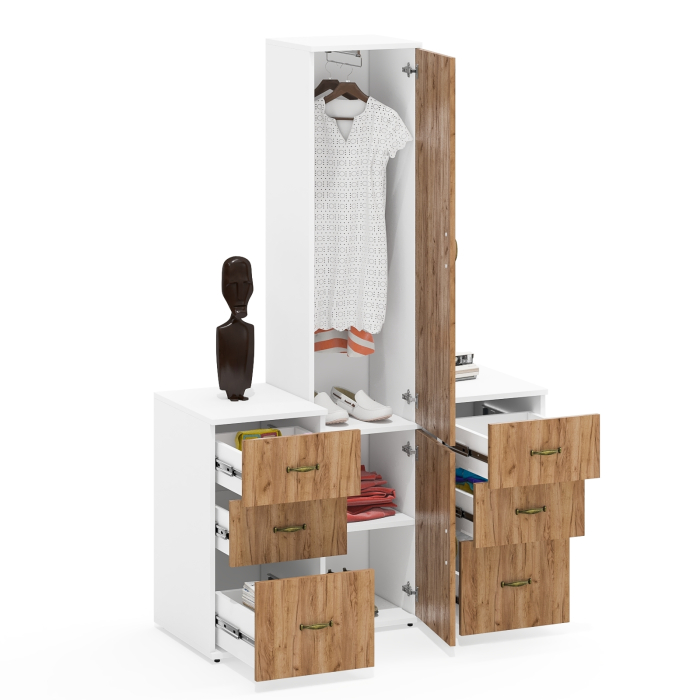 Домашние кабинеты, Узкий шкаф для одежды Лидер-8 МД 21Б и две тумбочки по три выдвижных ящика каждая