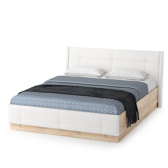 Спальные гарнитуры, Кровать Муссон с подъёмным основанием и тумбой белый/дуб эндгрейн/иск.кожа белая