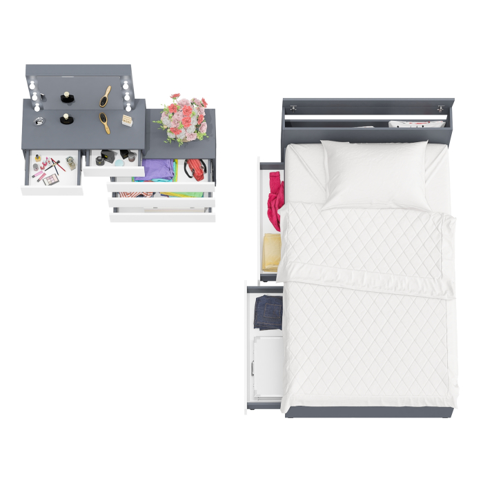 Спальные гарнитуры, Столик туалетный с лампочками 110 с полутораспальной кроватью с ящиками Ксения 1200